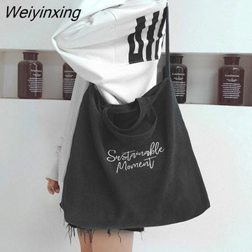 Weiyinxing New Corduroy Large-capacity Crossbody Bags for Women Literary Embroidery Tote Shoulder Bags Letter Zipper Retro Handbags